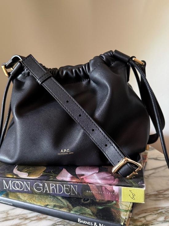 A.P.C. Handbags - A.P.C. Ninon Crossbody Bag with Gold Hardware. Black Leather Drawstring